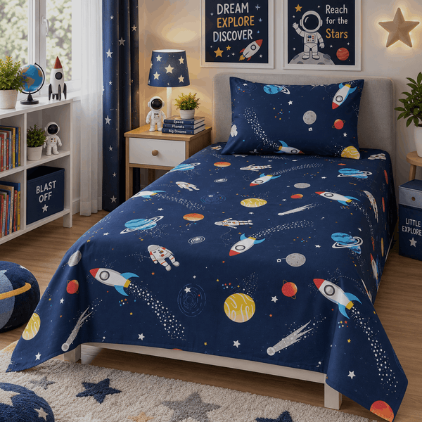 Kids Glow in Dark Space Explorer Cotton Bedsheet – Blue Boys Single Bed Sheet | Anaya Linen Store