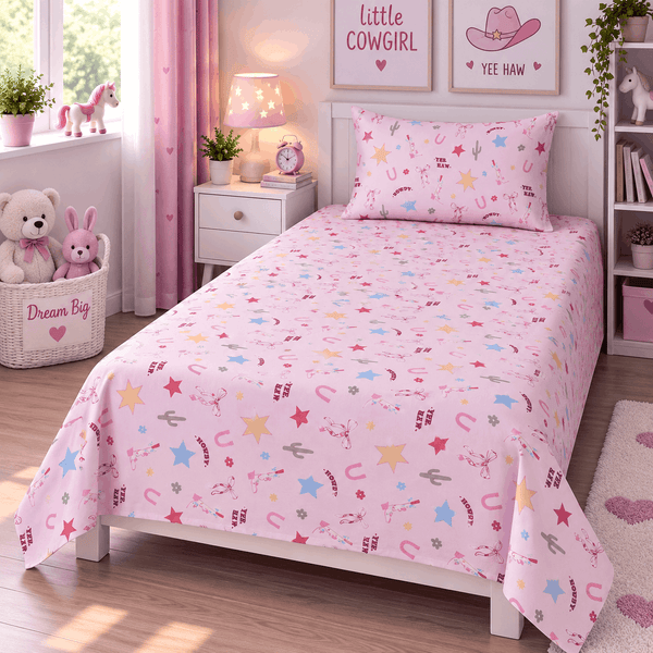 Cowgirl Kids Cotton Bedsheet – Pink Girls Single Bed Sheet | Anaya Linen Store