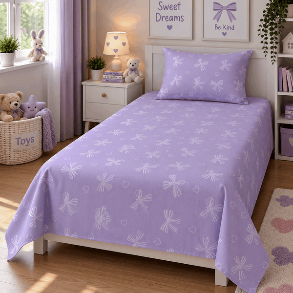 Lavender Bow Kids Cotton Bedsheet – Purple Girls Single Bed Sheet | Anaya Linen Store
