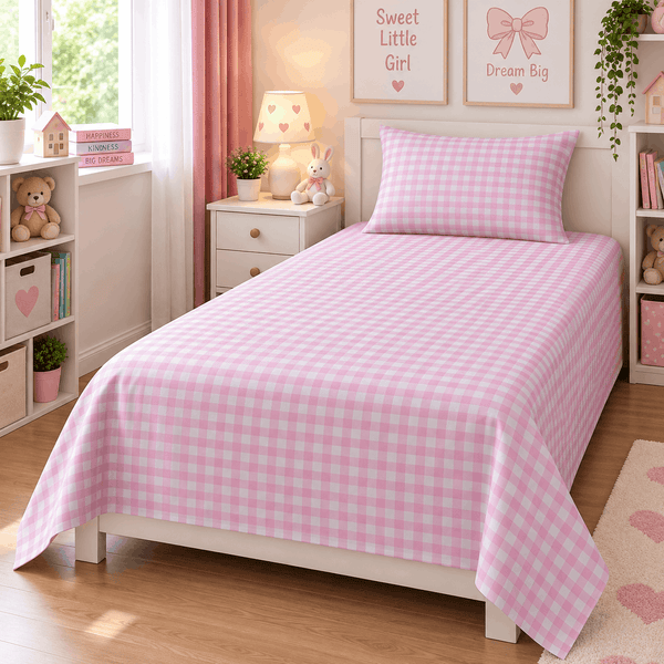 Pink Gingham Kids Cotton Bedsheet – Pink Girls Single Bed Sheet | Anaya Linen Store