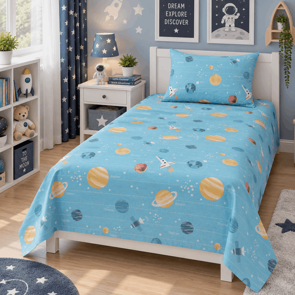 Solar System Kids Cotton Bedsheet – Blue Boys Single Bed Sheet | Anaya Linen Store
